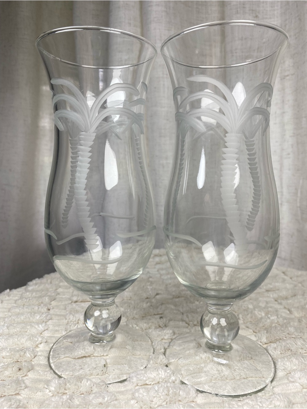Rolf Glass Etched Palm Tree Hurricane Cocktail Glasses - Pair of 2